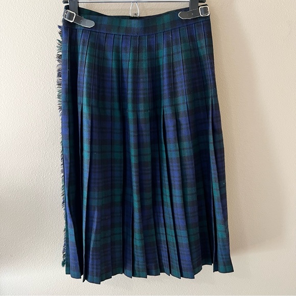 Highland Home Industries Wool Wrap Skirt Womens 12 Green Navy Plaid Scotland - Picture 3 of 10